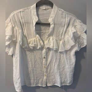 Zara White Eyelet Ruffle Button-Up Blouse